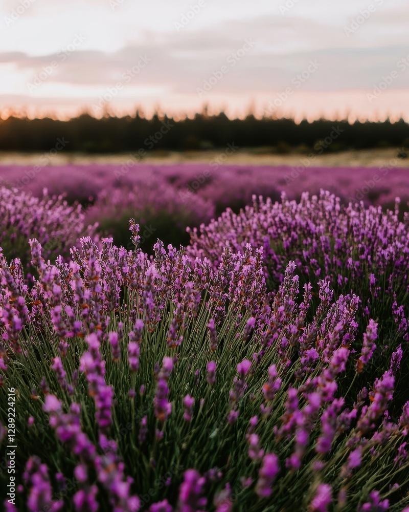 Naklejka premium Lavender fields blooming at sunset nature landscape scenic viewpoint tranquil environment