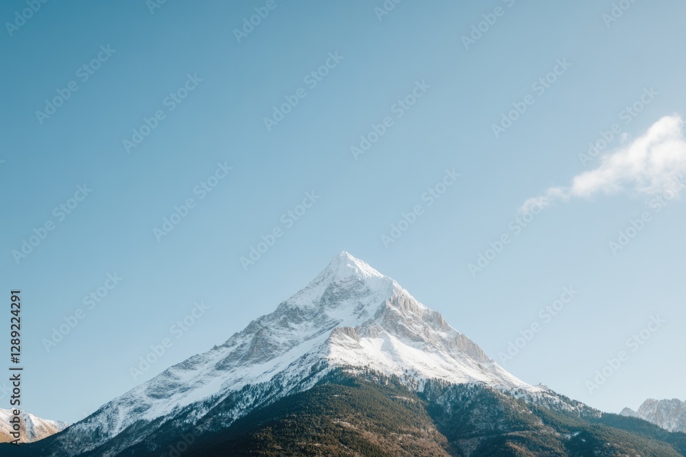 Majestic snow-capped peak rises against clear blue sky, evoking Majestic snow-capped peak rises against clear blue sky, evoking
