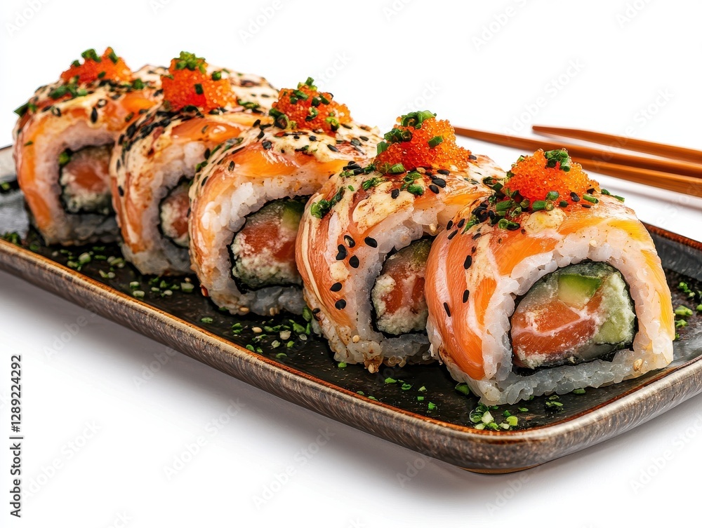 Fresh salmon sushi rolls arranged beautifully on a dark plate with vibrant garnishes, perfect for food lovers and culinary enthusiasts Fresh salmon sushi rolls arranged beautifully on a dark plate with vibrant garnishes, perfect for food lovers and culinary enthusiasts