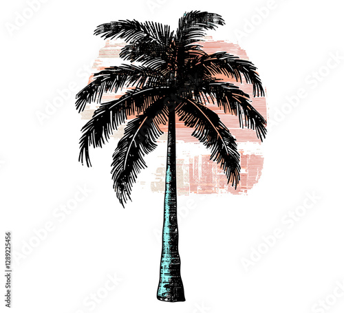 Retro palm tree vector stencil illustrations with distressed grunge texture, tropical vintage design, surf style, summer beach art, hand-drawn silhouette, exotic nature graphic