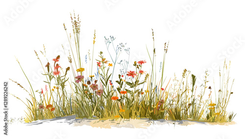 Vector patch of wildflowers and native grasses along a rural roadside, enhancing the natural landscape, meadow flowers, countryside flora, botanical illustration, spring nature