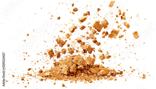 Pile of cake crumbs, cookie pieces flying, vector isolated on white, clipping path, crunchy bits, bakery waste, biscuit fragments, sweet snack debris, pastry leftovers