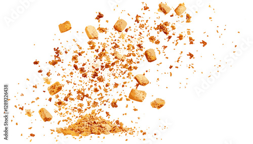 Vector cookie crumbs, pile cake crumbs flying, isolated on white, clipping path, biscuit broken, crispy snack pieces, dessert leftovers, crunchy bits, bakery remains