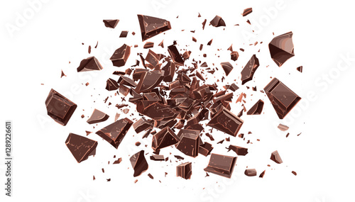 Chopped and milled chocolate pile, vector, top view, isolated on white, cocoa crumbles, dark chocolate shreds, sweet ingredient, chocolate dust, bakery topping