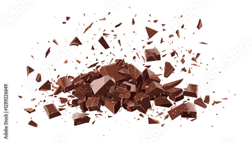 Pile of chopped milled chocolate, vector top view, isolated on white, cocoa powder, dark chocolate crumbs, grated sweet ingredient, broken chocolate bits, confectionery topping,