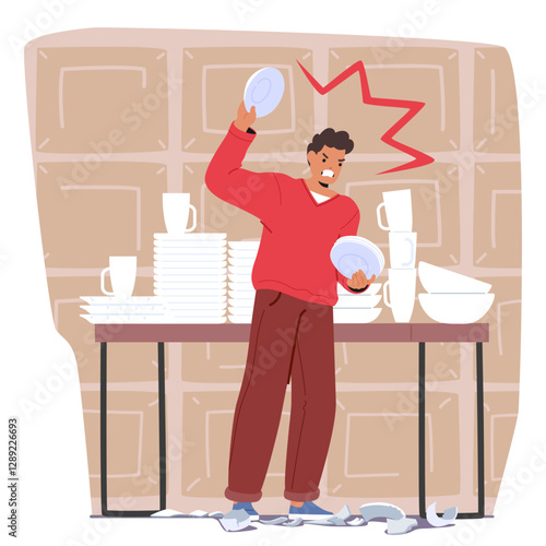 Angry young man character breaking dishes training psychological method of coping with aggression