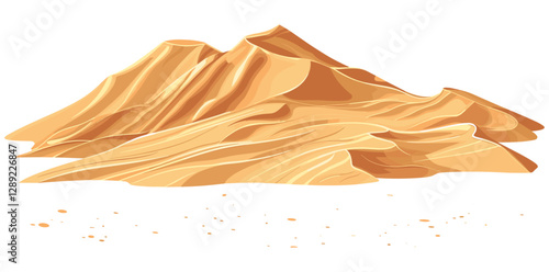 Isolated desert sand dune pile, vector, clipping path, white background, wind-formed dunes, golden sand, arid nature, desert element, realistic shape, drifting sand, dry land