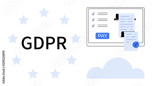 GDPR with stars, digital payment checklist, pay button, receipts, and cloud icon. Ideal for data privacy, security, online transactions, compliance digital receipts cloud storage privacy policy