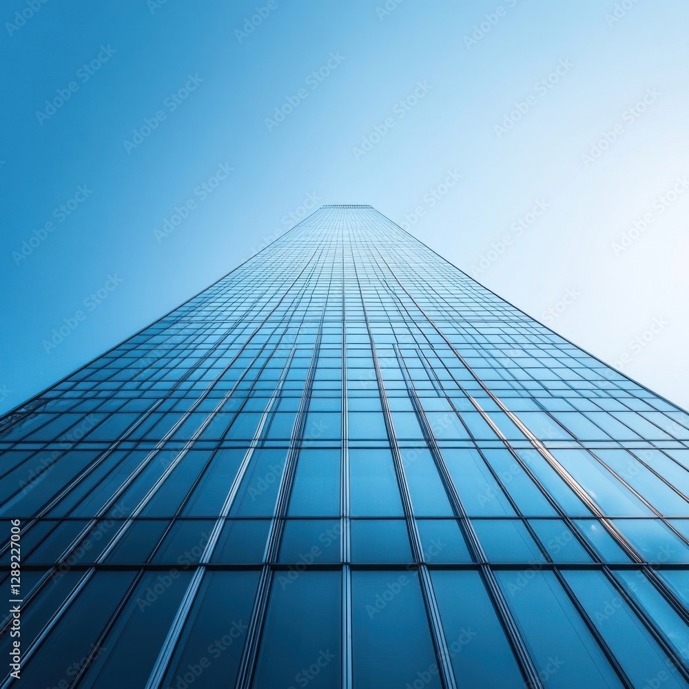 Modern Skyscraper Glass Facade Reaching Towards Clear Blue Sky Modern Skyscraper Glass Facade Reaching Towards Clear Blue Sky