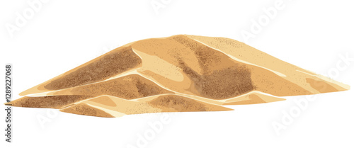 Vector desert sand dune pile, isolated on white, clipping path, Sahara, arid landscape, sandy hill, dry terrain, nature element, wind-shaped dune, desert scenery, realistic sand texture,