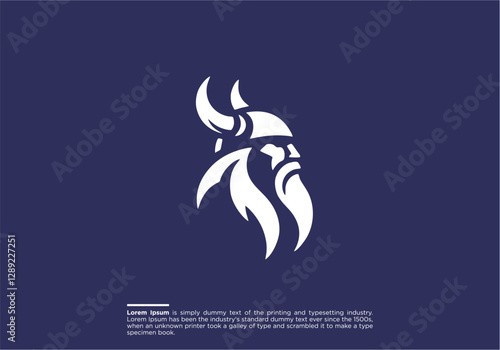 Viking logo design. Nordic warrior symbol. Horned Norseman emblem. Barbarian man head icon with horn helmet and beard. Brand identity vector illustration.