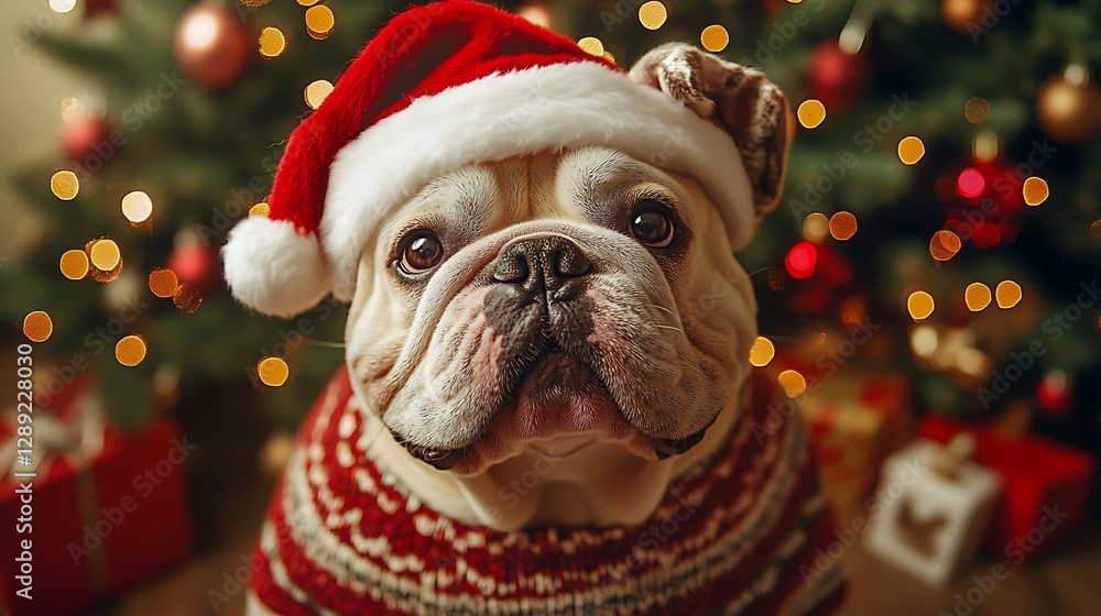 Dog in Santa Hat near Christmas Tree Dog in Santa Hat near Christmas Tree