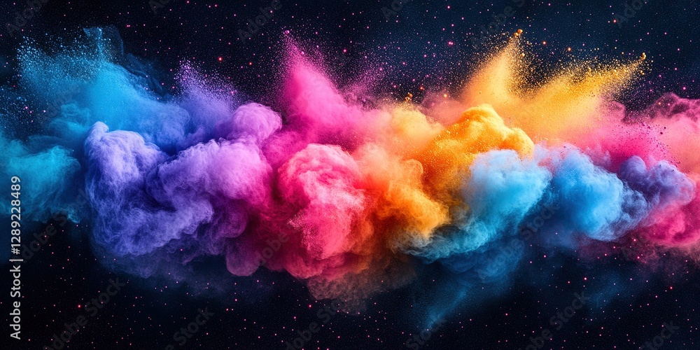 Fototapeta premium Colorful explosion of powder creates striking visual effect against dark background at night