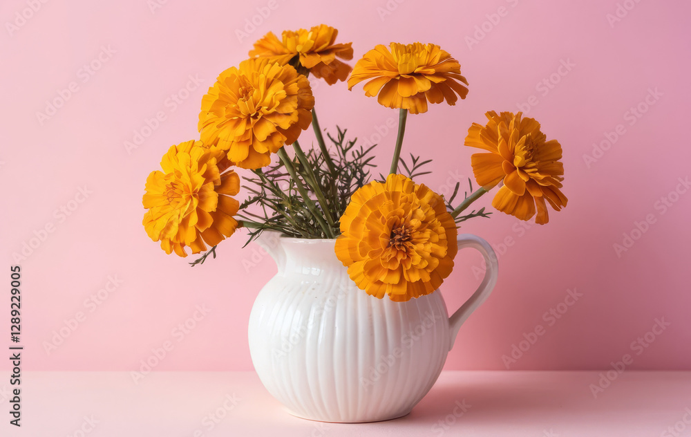 A close-up of a white vase with marigold flowers on a pink background A close-up of a white vase with marigold flowers on a pink background