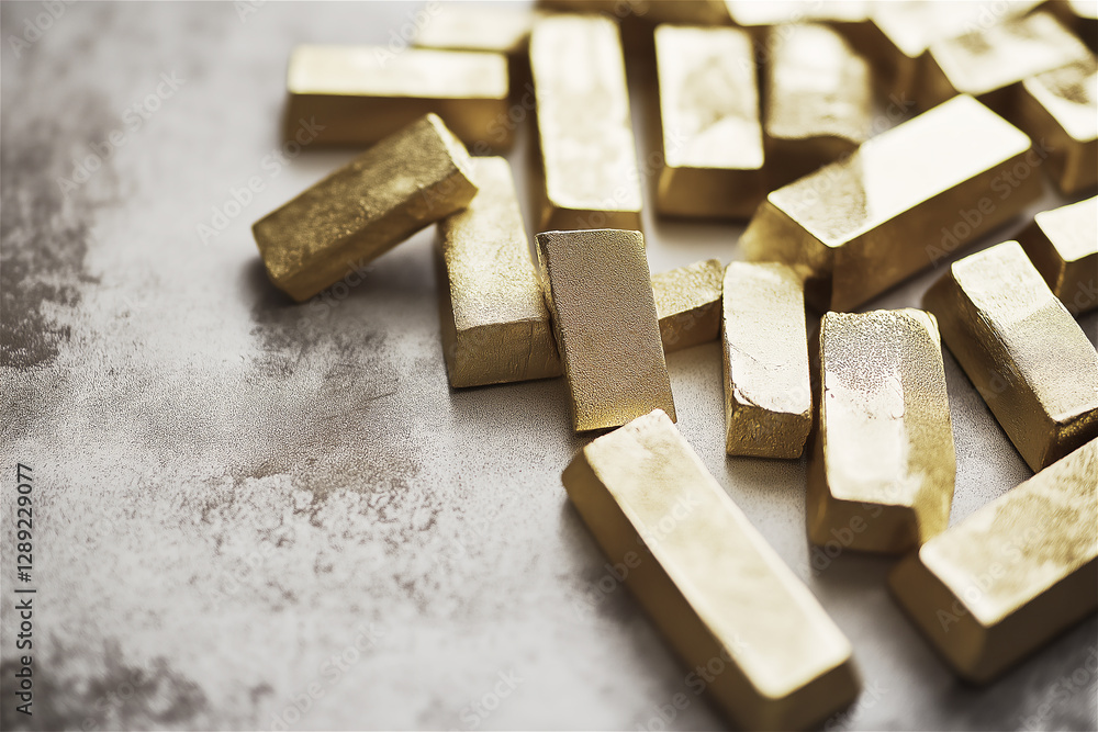 Fototapeta premium A close-up view of multiple gold bars arranged in neat rows, emphasizing the shiny surfaces and metallic texture, symbolizing financial prosperity and wealth.