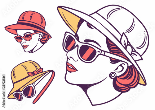 Confident Woman in Sunglasses and Hat Illustration for Fashion Promotion.