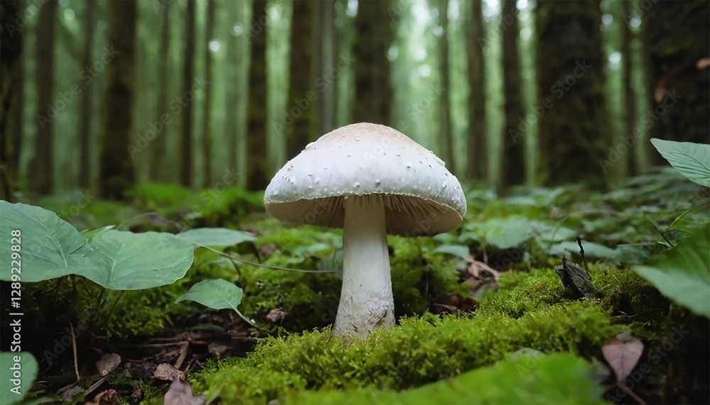 A solitary mushroom rises amidst the lush greenery of a dense forest, showcasing nature's intricate beauty. A solitary mushroom rises amidst the lush greenery of a dense forest, showcasing nature's intricate beauty.