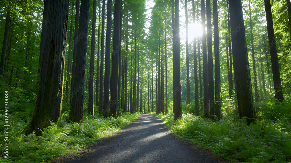 Fototapeta premium A serene pathway winds through a lush forest filled with tall trees