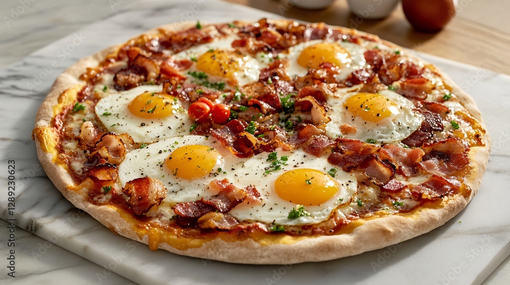 A gourmet English breakfast pizza, featuring eggs, bacon, and tomato sauce on a crispy flatbread crust, served on a marble countertop A gourmet English breakfast pizza, featuring eggs, bacon, and tomato sauce on a crispy flatbread crust, served on a marble countertop