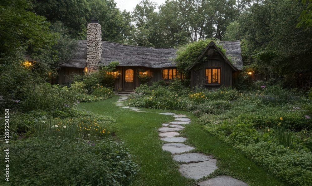 Rustic wooden house nestled in a lush garden path at dusk. Warm interior light glows, inviting and peaceful atmosphere Rustic wooden house nestled in a lush garden path at dusk. Warm interior light glows, inviting and peaceful atmosphere