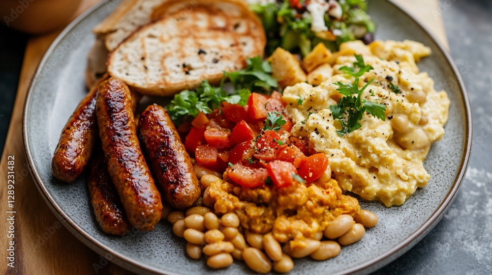 A high-end vegan English breakfast spread, featuring plant-based sausages, tofu scramble, and cashew cream beans on a ceramic plate A high-end vegan English breakfast spread, featuring plant-based sausages, tofu scramble, and cashew cream beans on a ceramic plate