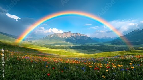 A Breathtaking View of a Rainbow Illuminating a Serene Green Valley with Blooming Wildflowers and Distant Majestic Mountains