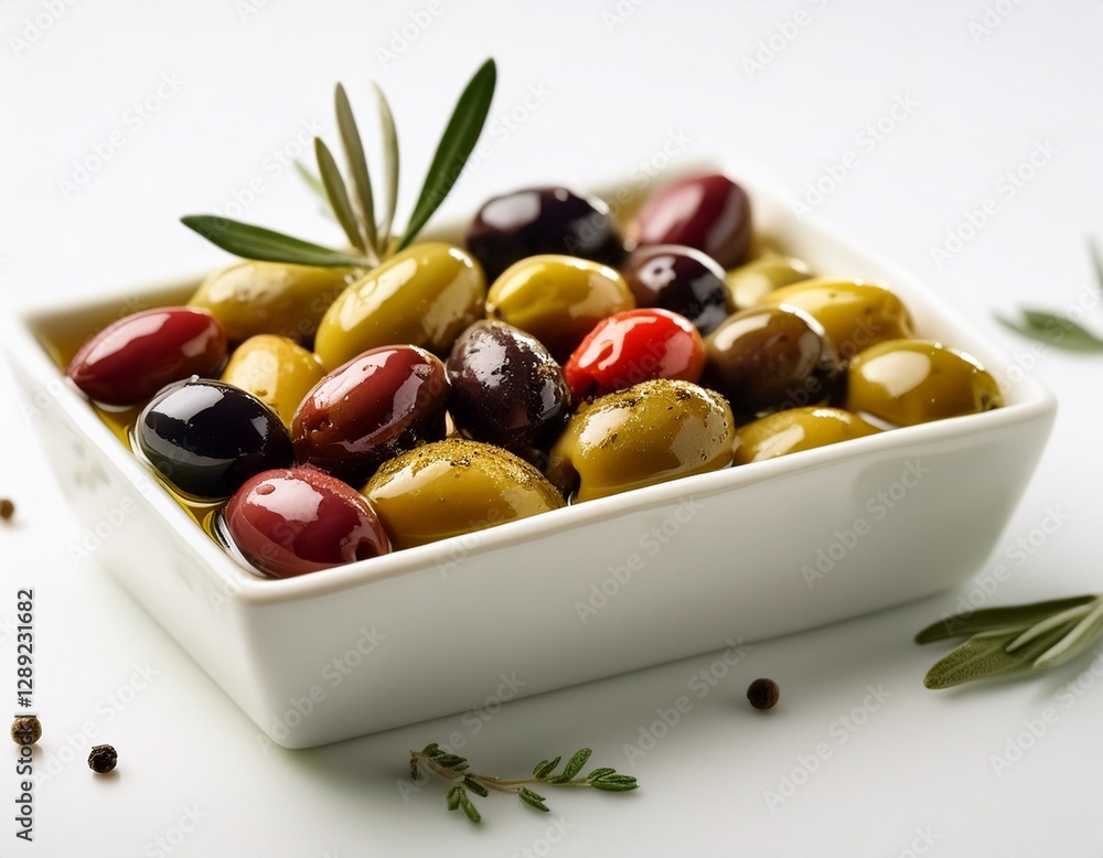 Fotografía de estudio profesional de un bol de olivas, aliñadas en aceite y especias, de fondo blanco, 4k, ultra realista.