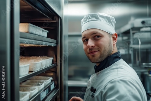 Crafting Ice Cream: Man Monitoring Milk in Pasteurizer at a Professional Kitchen