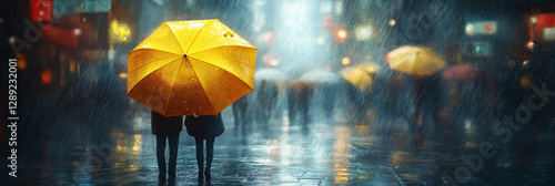 A tranquil rainy scene of a couple walking under a yellow umbrella, with old town streets drenched in rain and softened by the blur of the background, creating a romantic and calming ambiance, banner