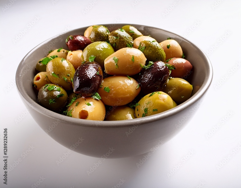 Fotografía de estudio profesional de un bol de olivas, aliñadas en aceite y especias, de fondo blanco, 4k, ultra realista. Fotografía de estudio profesional de un bol de olivas, aliñadas en aceite y especias, de fondo blanco, 4k, ultra realista.