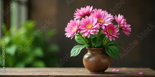 Wallpaper Mural Pink chrysanthemum blooms swaying gently in a rustic wooden vase, vases, arrangements, garden Torontodigital.ca