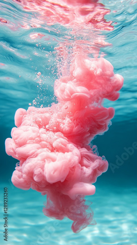 The pink ink dissolves gently in light blue water, forming a surreal, abstract background full of fluid movement and vibrant color blending