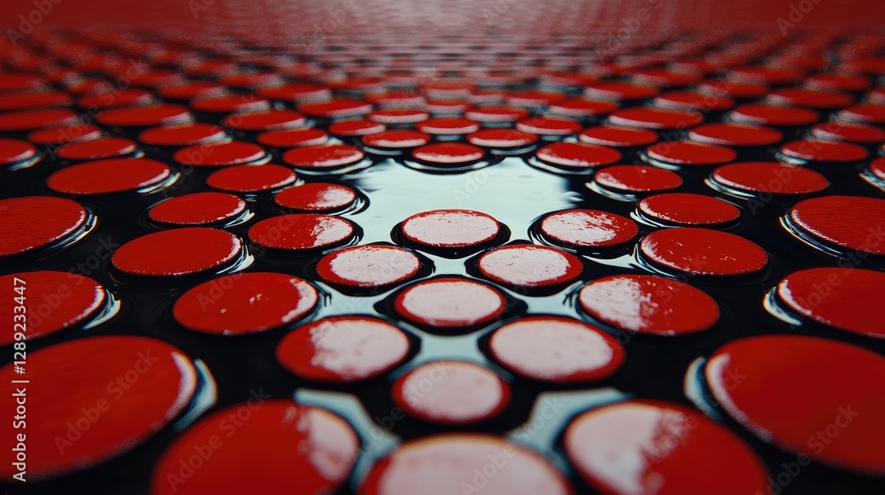 Obraz premium Red circular tiles arranged in a geometric pattern on a wet floor with water reflections.