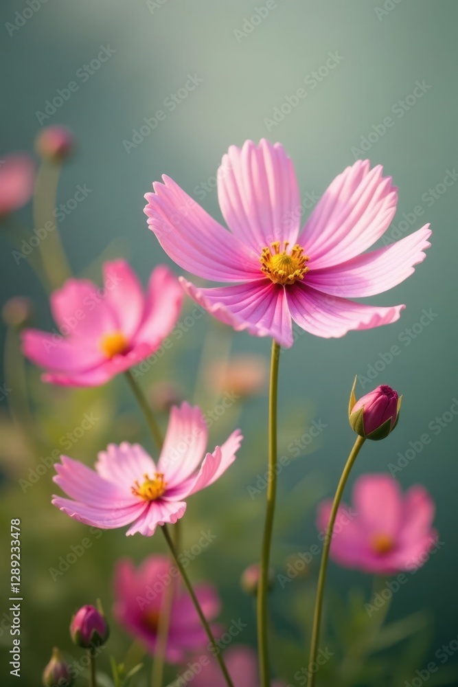 Pink cosmos flowers swaying gently in the breeze with soft pastel shades, cosmos, bloom, pink Pink cosmos flowers swaying gently in the breeze with soft pastel shades, cosmos, bloom, pink