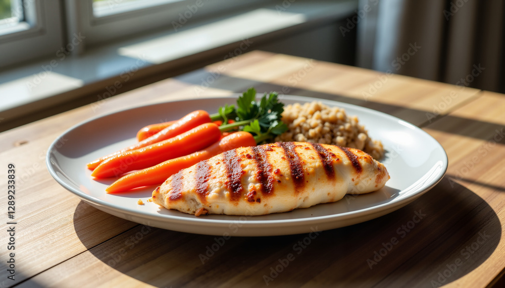 grilled chicken breast served with carrots and bulgur on a white plate in a bright kitchen setting