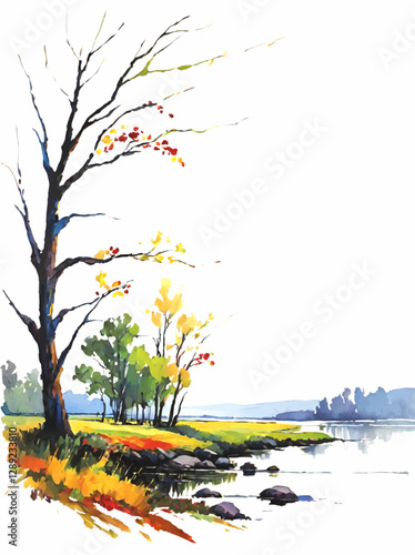 tree with blossoms and river landscaape decorative element vector with white area for insertion