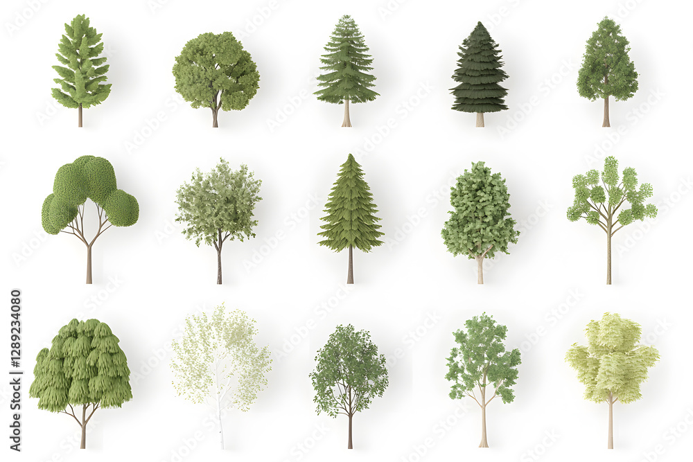 Fototapeta premium 3d realistic green trees collection isolated on white background
