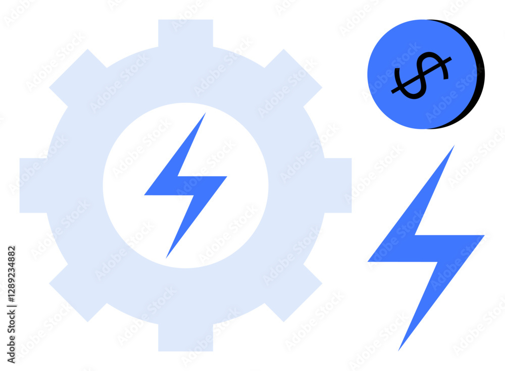 Large light blue gear with centered electric bolt, blue dollar sign in a circle, additional bolt nearby. Ideal for concepts of power, finance, engineering, efficiency, innovation, industry abstract Large light blue gear with centered electric bolt, blue dollar sign in a circle, additional bolt nearby. Ideal for concepts of power, finance, engineering, efficiency, innovation, industry abstract