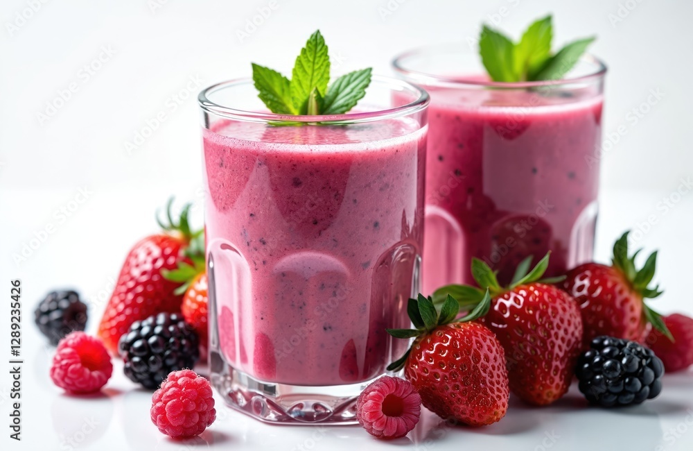 Berries smoothie in glasses with strawberries, raspberries, blackberries. Healthy berry drink with yogurt, protein. Fresh shake with fruit, dessert, breakfast. Summer refreshment, delicious blended Berries smoothie in glasses with strawberries, raspberries, blackberries. Healthy berry drink with yogurt, protein. Fresh shake with fruit, dessert, breakfast. Summer refreshment, delicious blended