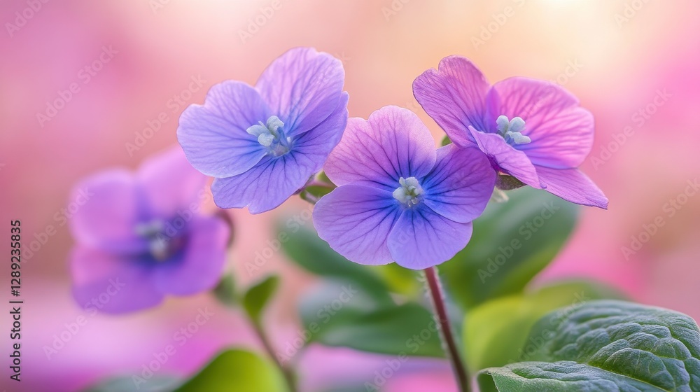 Delicate purple flowers bloom against a soft, blurred background, showcasing vibrant petals and green leaves, creating a serene and enchanting atmosphere. Delicate purple flowers bloom against a soft, blurred background, showcasing vibrant petals and green leaves, creating a serene and enchanting atmosphere.