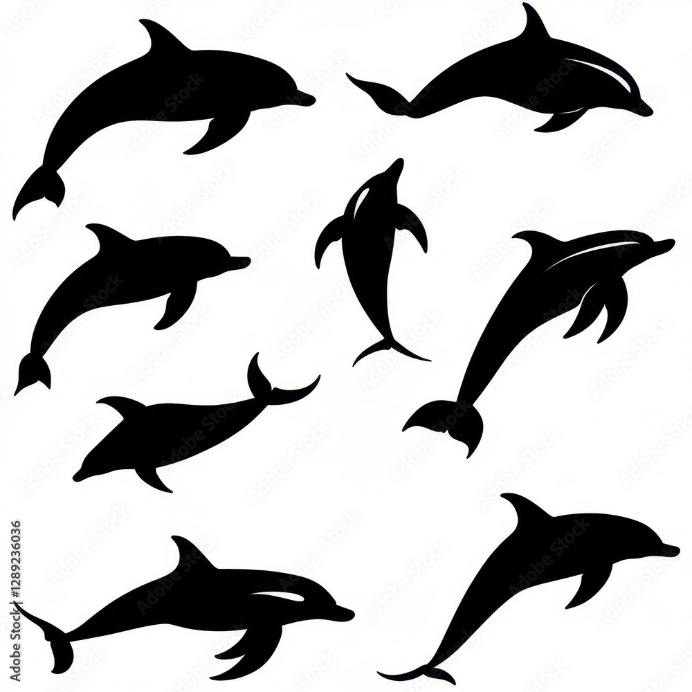 Naklejka premium Collection of Black Dolphin Silhouettes: Dynamic Aquatic Mammals in Jumping Poses