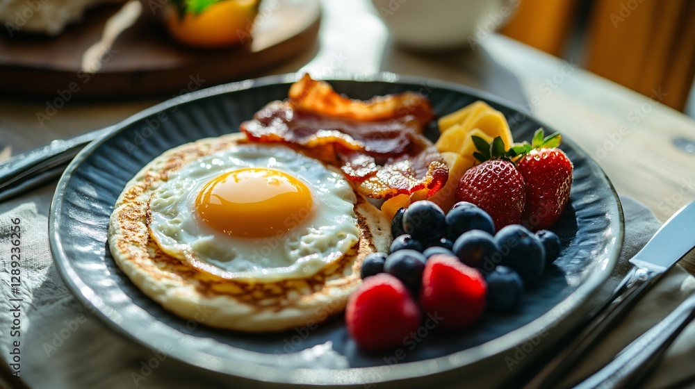 An inviting breakfast setting with a hot, buttery crumpet, a perfectly fried egg, and crispy bacon served with a side of fresh fruit An inviting breakfast setting with a hot, buttery crumpet, a perfectly fried egg, and crispy bacon served with a side of fresh fruit