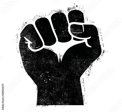Raised fist stencil graphic, distressed grunge style, vector stamp design, protest symbol, power, unity, clenched fist, resistance, rebellion, retro, vintage, street art, empowerment
