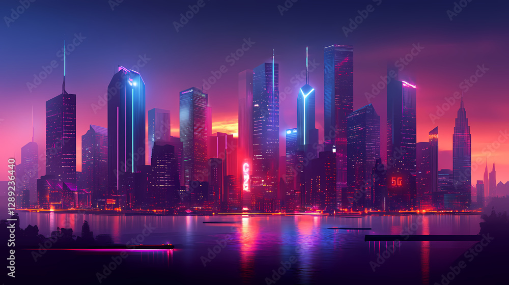 Fototapeta premium Ai-enhanced cityscape skyline illuminated by futuristic lighting and technology. AI-Powered Cityscape. Illustration