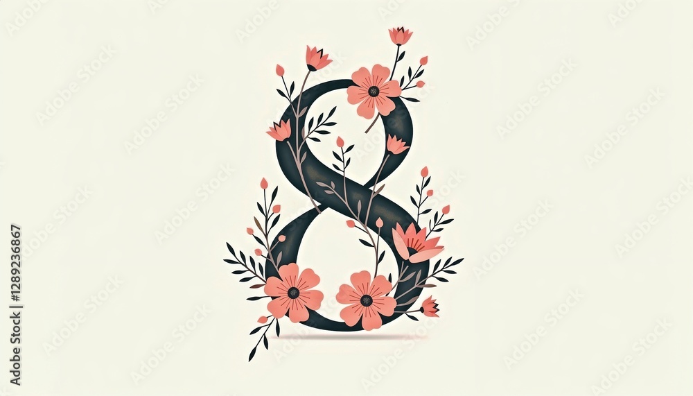 Fototapeta premium Minimalist Black Eight with Coral Flowers and Dark Green Leaves