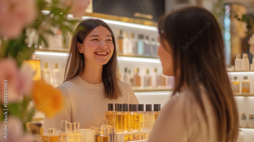 Elegant perfume boutique with warm lighting, where a smiling consultant assists a customer in selecting a fragrance. Luxurious bottles are displayed on shelves Elegant perfume boutique with warm lighting, where a smiling consultant assists a customer in selecting a fragrance. Luxurious bottles are displayed on shelves