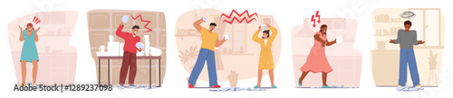 Diverse people cartoon characters breaking dishes accidentally or during quarreling scene set