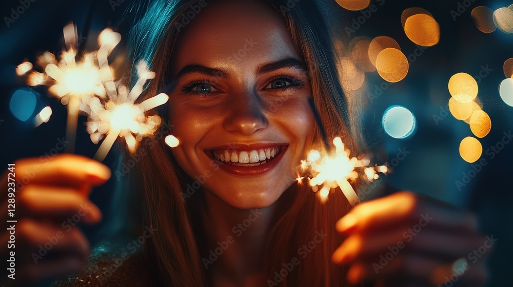 Joyful Woman Celebrating with Sparkler in a Festive Atmosphere Joyful Woman Celebrating with Sparkler in a Festive Atmosphere