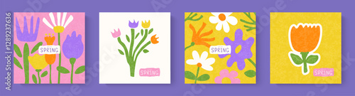 Hello spring, set of cards with hand drawn spring flowers. Poster for spring holiday. Hand drawn floral template for women's day march 8, mother's day, easter or birthday. Vector illustration