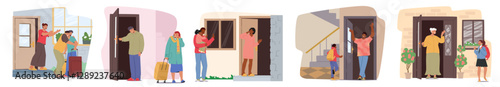 People cartoon characters leaving or returning home standing nearby doorway isolated scene set